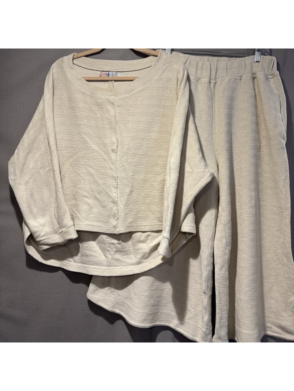 FP Beach Free People 2 Piece Beige Knit Sweater Wide Leg Pants Set Womens Medium